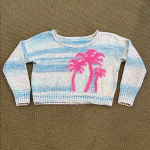Anthropologie Palm Tree Boat Neck Sweater size XL Blue Pink White